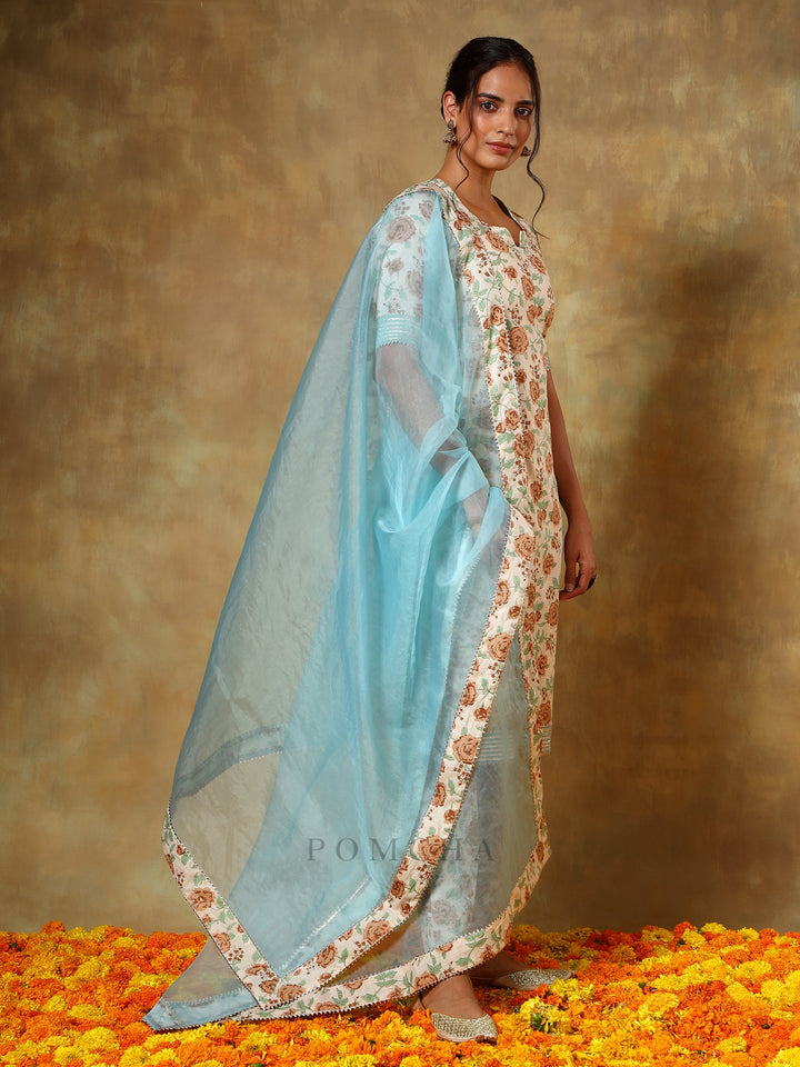 Guzarish Beige Cotton Salwar Suit Set | Organza Dupatta & Prints