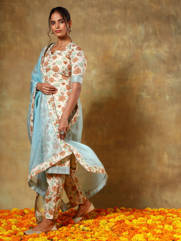 Guzarish Beige Cotton Salwar Suit Set | Organza Dupatta & Prints