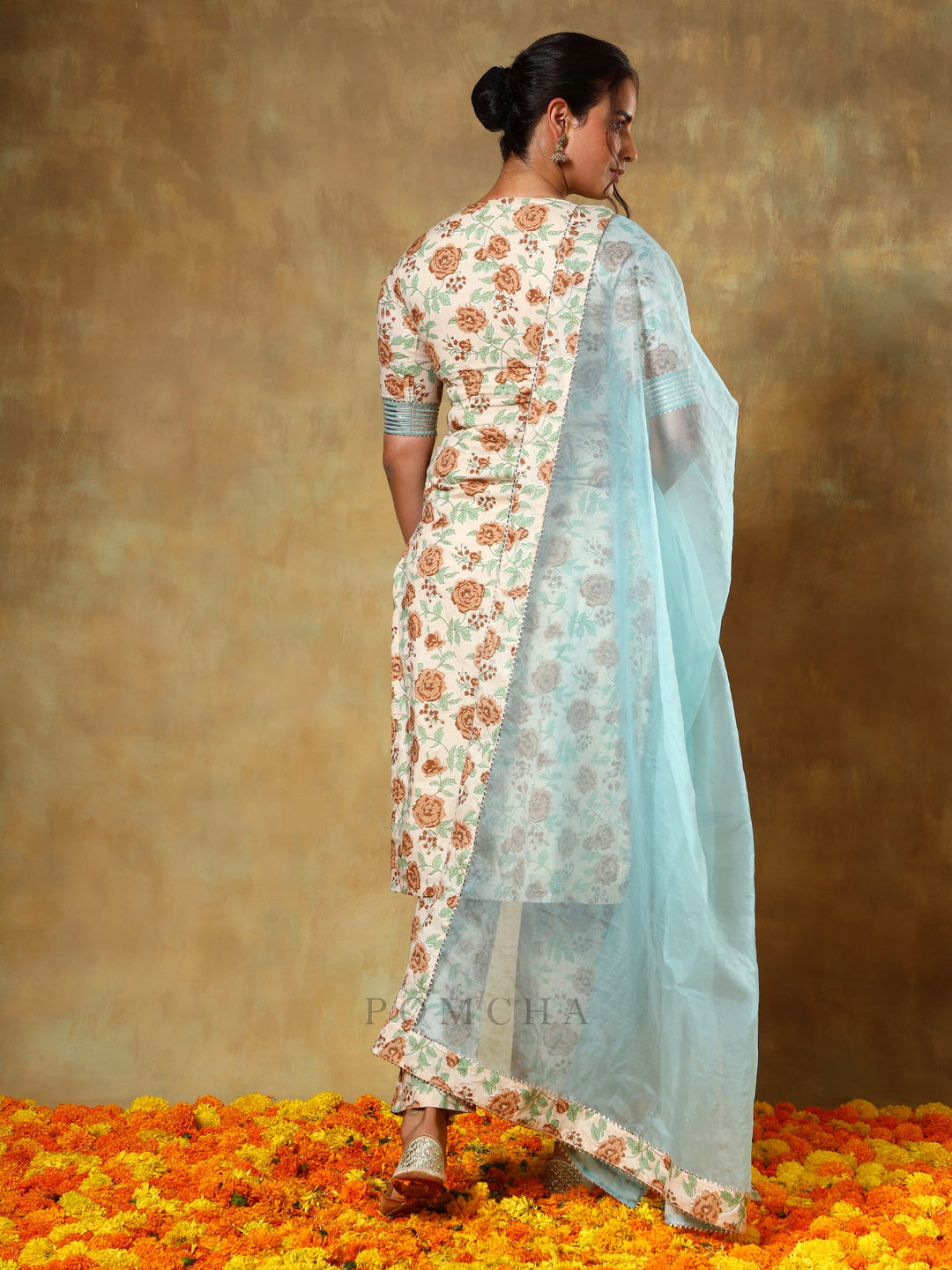 Guzarish Beige Cotton Salwar Suit Set | Organza Dupatta & Prints