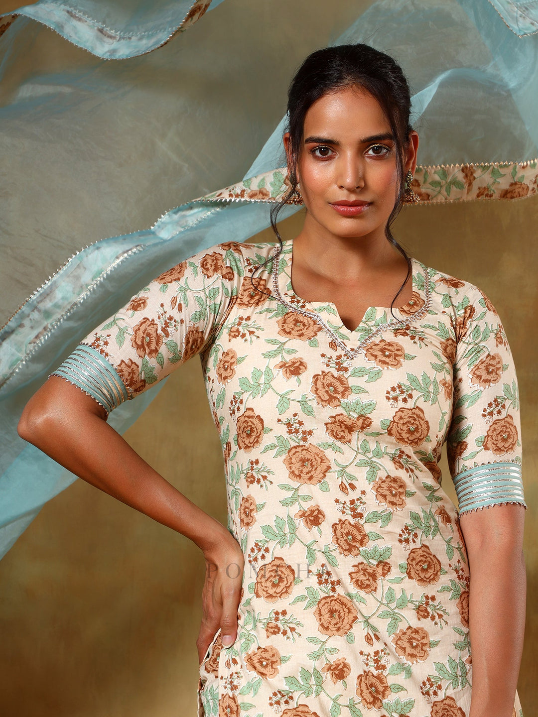 Guzarish Beige Cotton Salwar Suit Set | Organza Dupatta & Prints