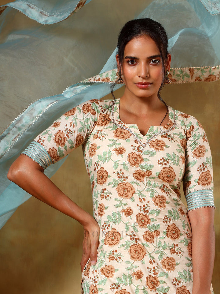 Guzarish Beige Cotton Salwar Suit Set | Organza Dupatta & Prints