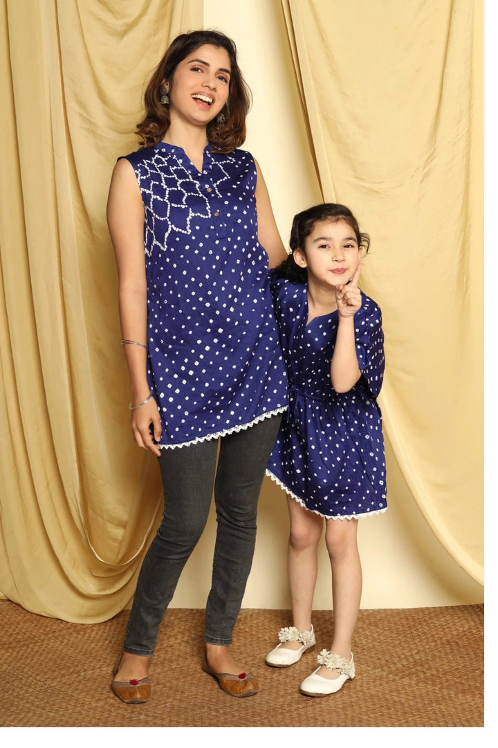 Stylishly Coordinated: Blue Bandhej Printed Tops for Mom and Daughter
