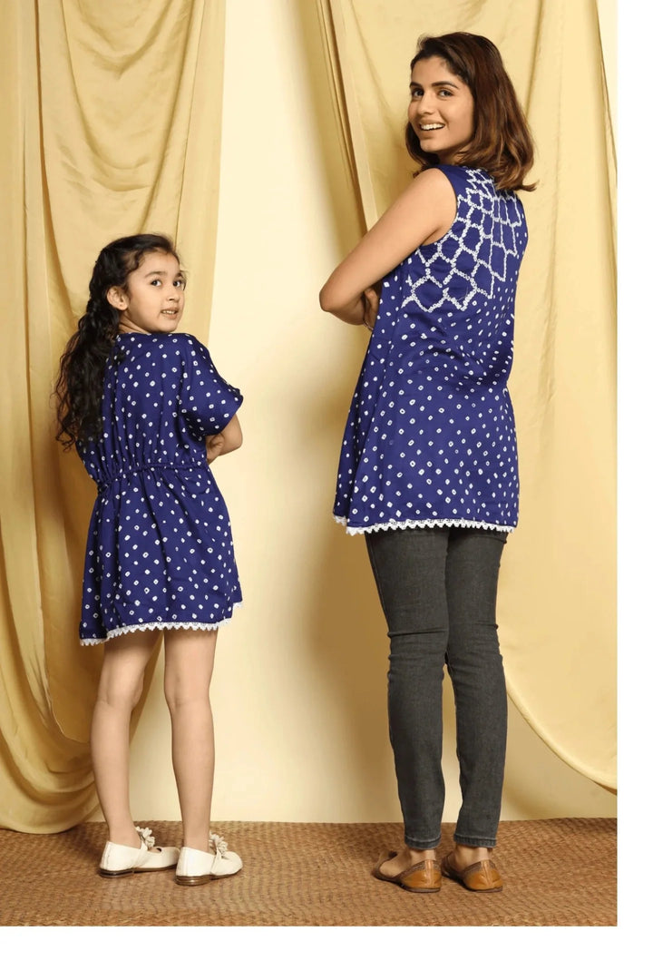 Stylishly Coordinated: Blue Bandhej Printed Tops for Mom and Daughter