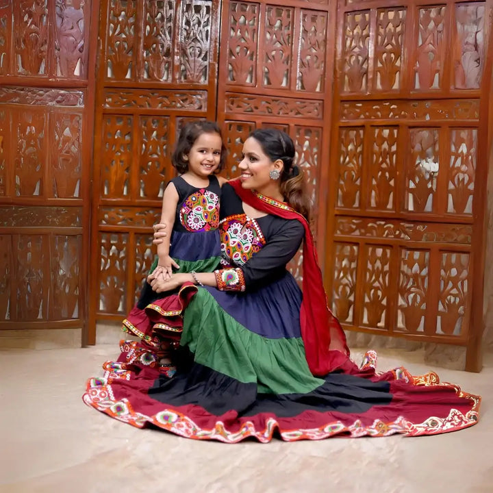 Ethnic Hand Embroidered Black And Multi Color Gown With Matching Dupatta Mom and Daughter Twin Set