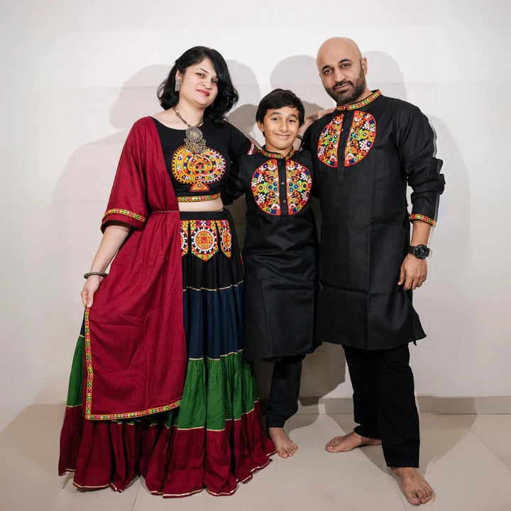Ethnic Hand Embroidered Black And Multi Color Lehenga Choli With Matching Kurta Pyjama Family Twin Set