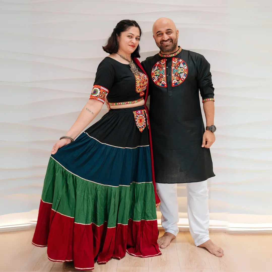 Ethnic Hand Embroidered Black And Multi Color Lehenga Choli With Matching Kurta Pyjama Couple Twin Set