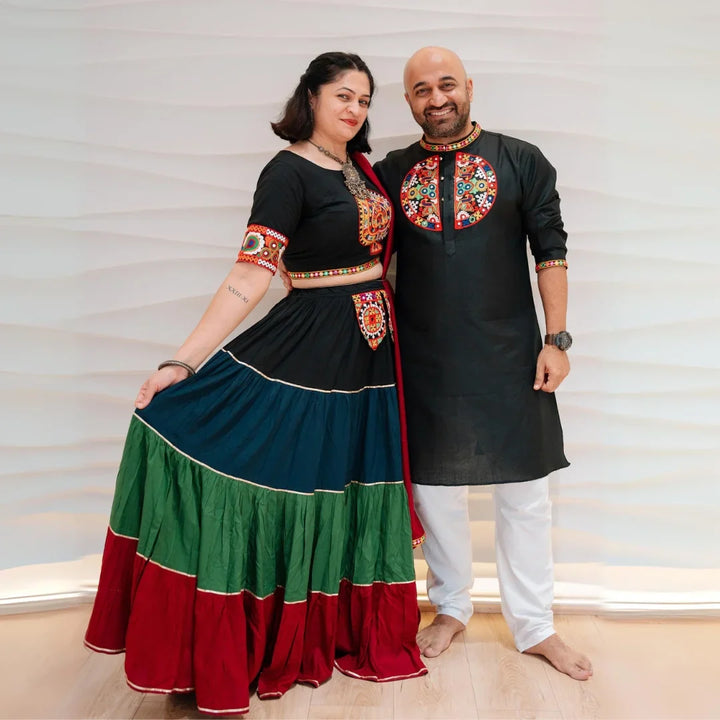 Ethnic Hand Embroidered Black And Multi Color Lehenga Choli With Matching Kurta Pyjama Couple Twin Set