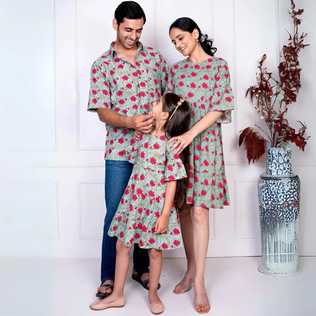 Green & Red Tiered Dress With Matching Shirt Family set