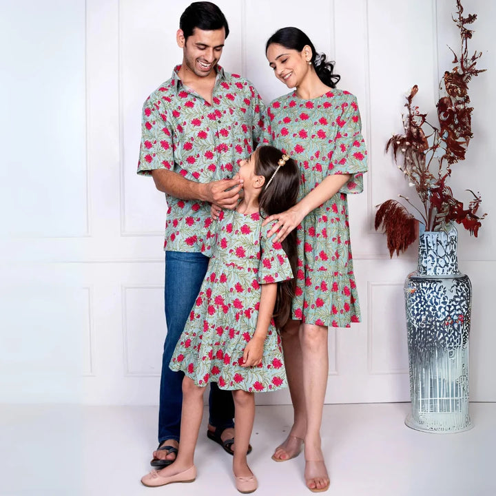 Green & Red Tiered Dress With Matching Shirt Family set