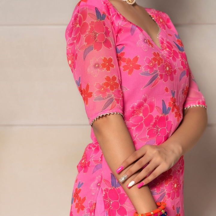 COSMOS PINK CHINNON CHIFFON SUIT SET - Pomcha Jaipur