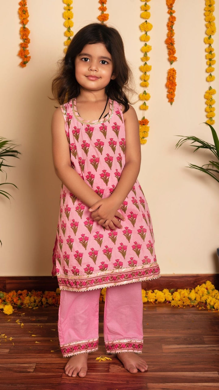 BACHPAN GULBHAR  PINK HAND BLOCK KURTA SET - Pomcha Jaipur