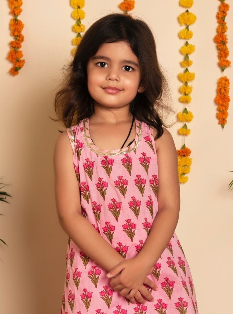 Bachpan Bold Hot Pink Hand Block Kurta Set | Cotton Pant & Soft Net Dupatta