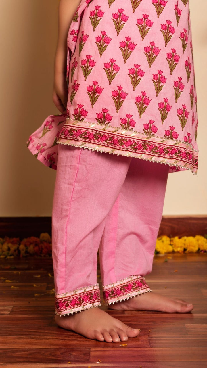 BACHPAN GULBHAR  PINK HAND BLOCK KURTA SET - Pomcha Jaipur