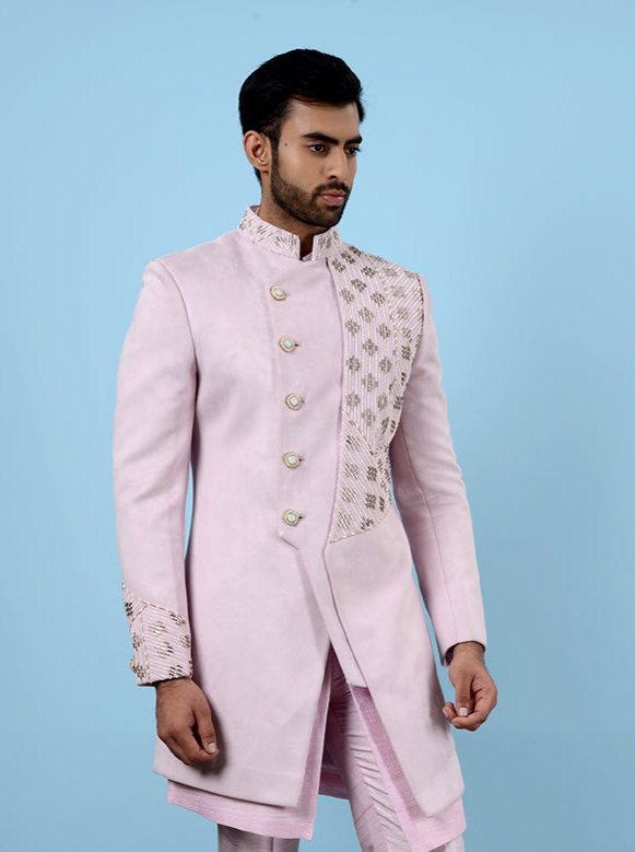 Elegant Pink Suede Indowestern | Angrakha Cut with Beads & Moti