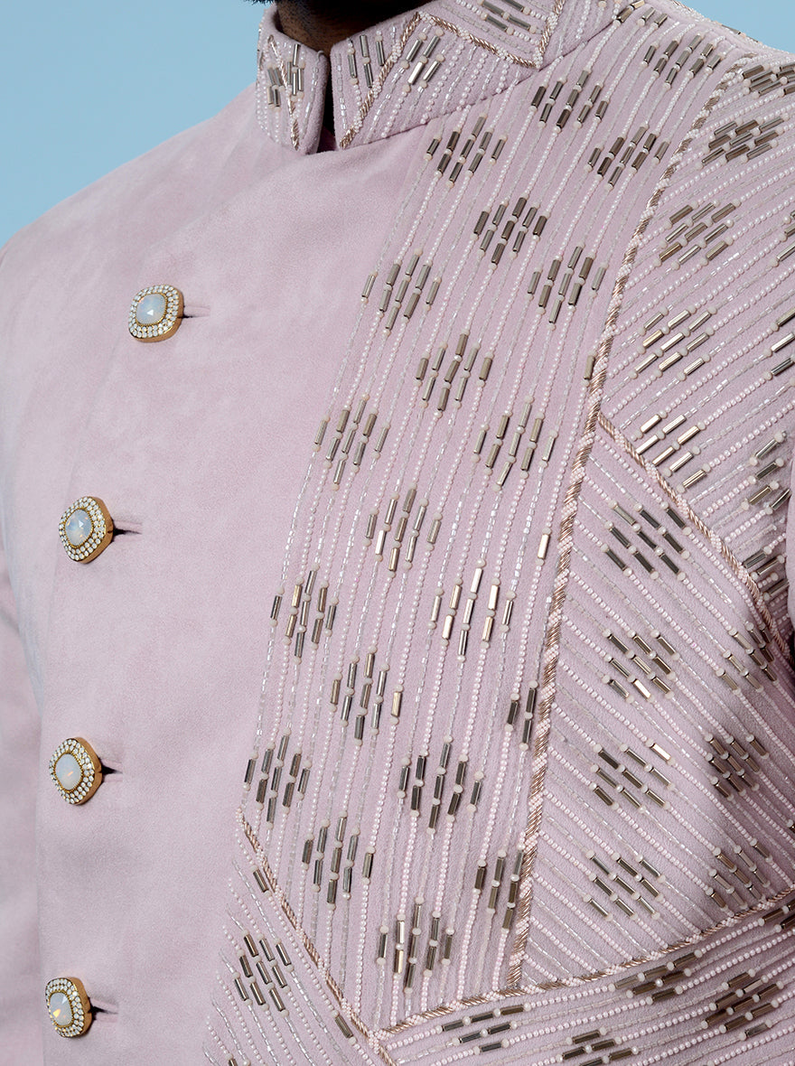 Men’s pink layered look Indowestern with hand-embroidered details