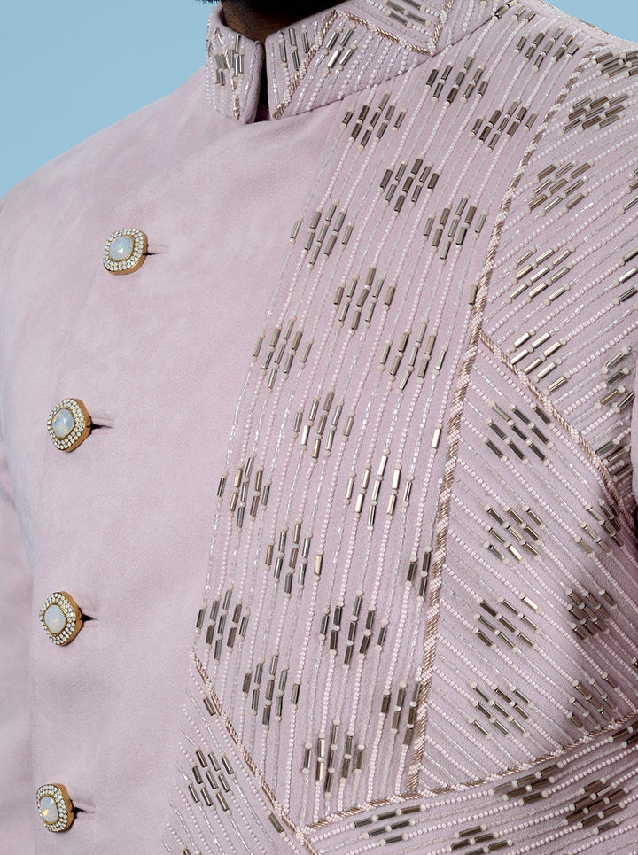 Men’s pink layered look Indowestern with hand-embroidered details