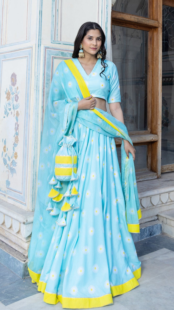 Signature Elegance Unveiled | Blue Muslin Lehenga & Chiffon Dupatta