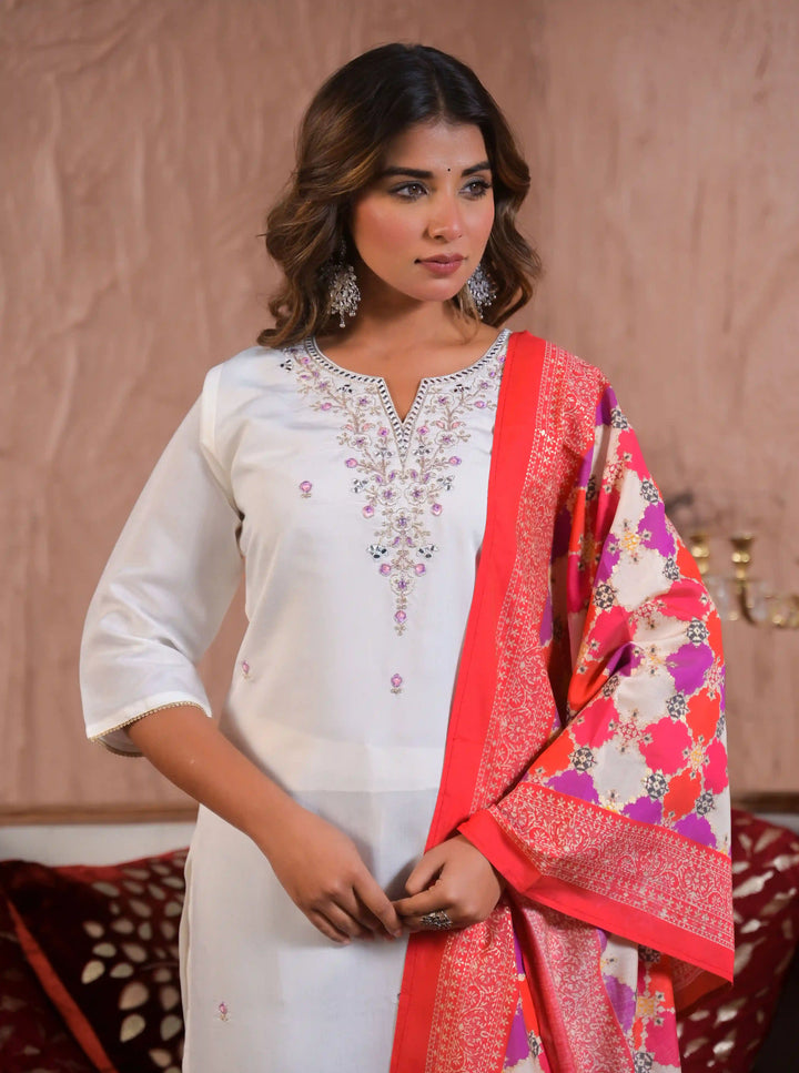 Viscose chanderi suit in white with embroidery