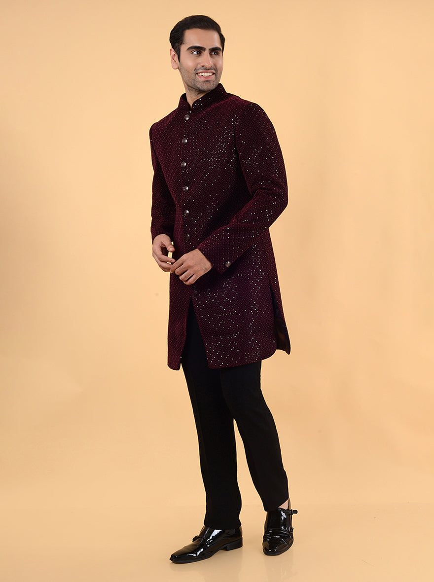 Stylish maroon velvet Indo Western kurta with resham and sequins work