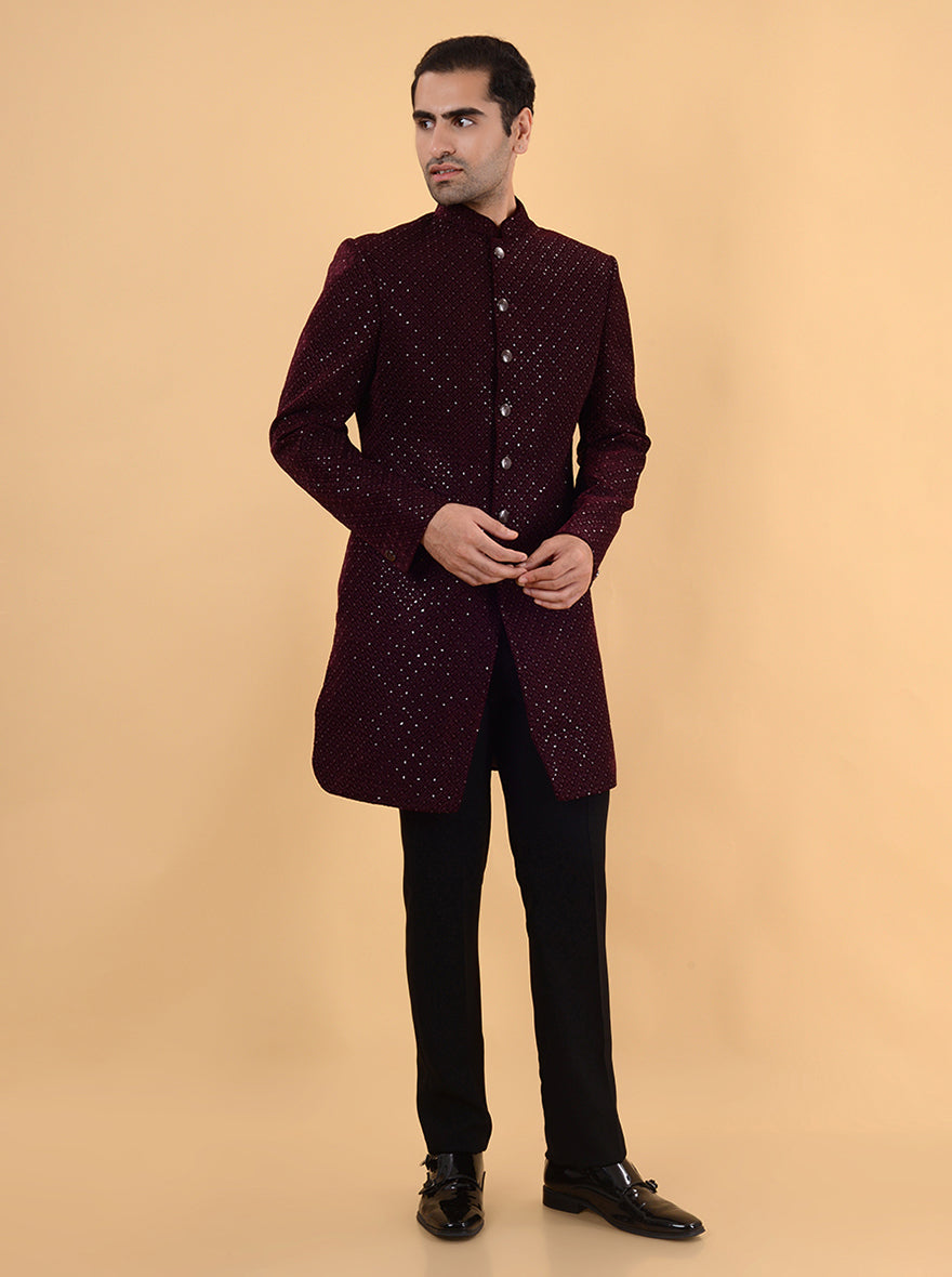 Traditional maroon velvet Indo Western with intricate embroidery work