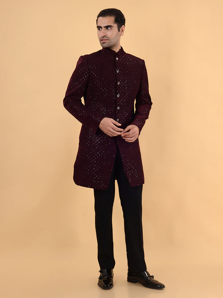 Traditional maroon velvet Indo Western with intricate embroidery work