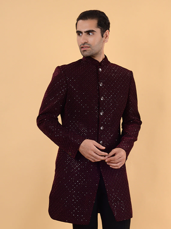 Maroon Velvet Indo Western | All Over Embroidery | Regular Fit, Sangeet & Reception