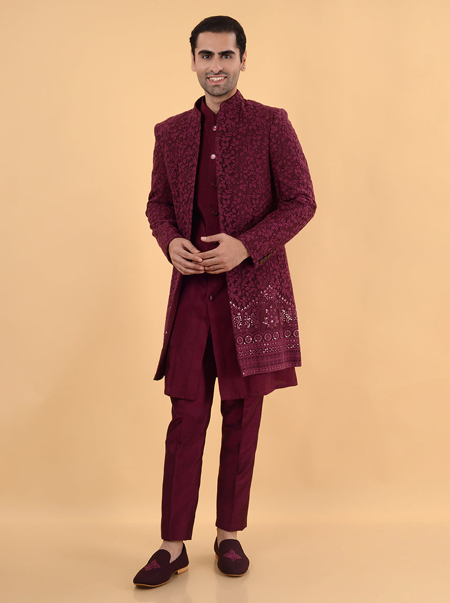 Men’s embroidered wine net Indo Western kurta for sangeet and engagement