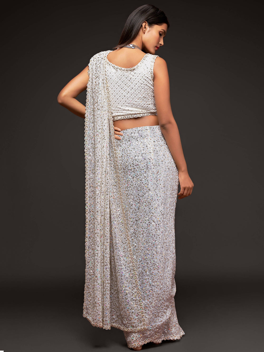 Wedding Wear Pearl White Saree in Georgette