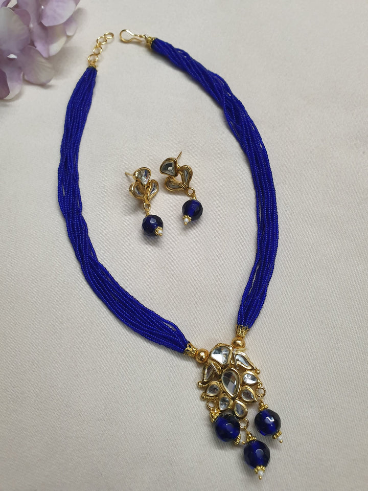 Blue Seed Bead Kundan | Pendant Set With Earrings Exclusive