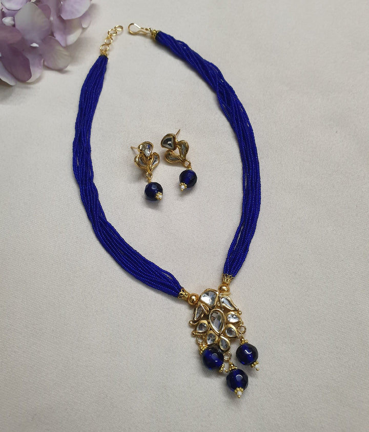Blue Seed Bead Kundan | Pendant Set With Earrings Exclusive