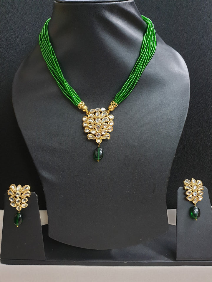 Green Seed Bead Kundan | Pendant Set With Earrings Signature Design