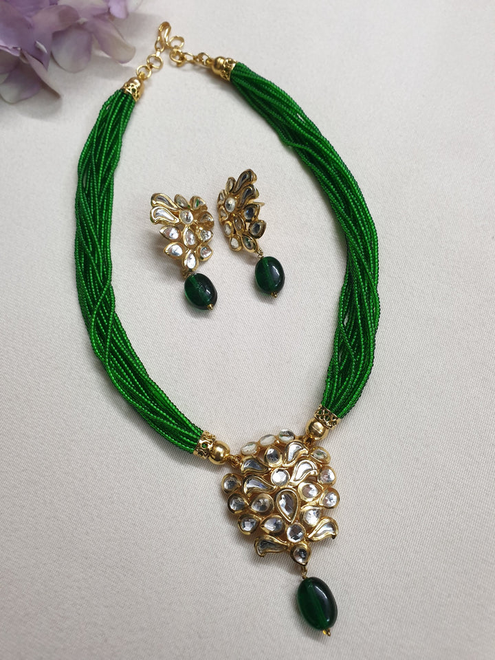 Green Seed Bead Kundan | Pendant Set With Earrings Signature Design