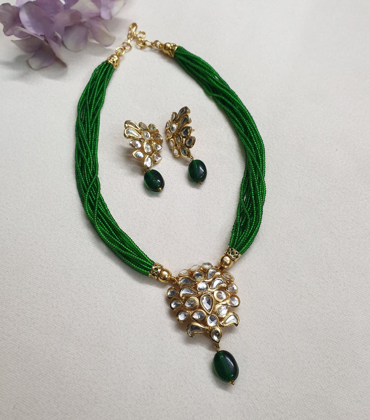 Green Seed Bead Kundan | Pendant Set With Earrings Signature Design