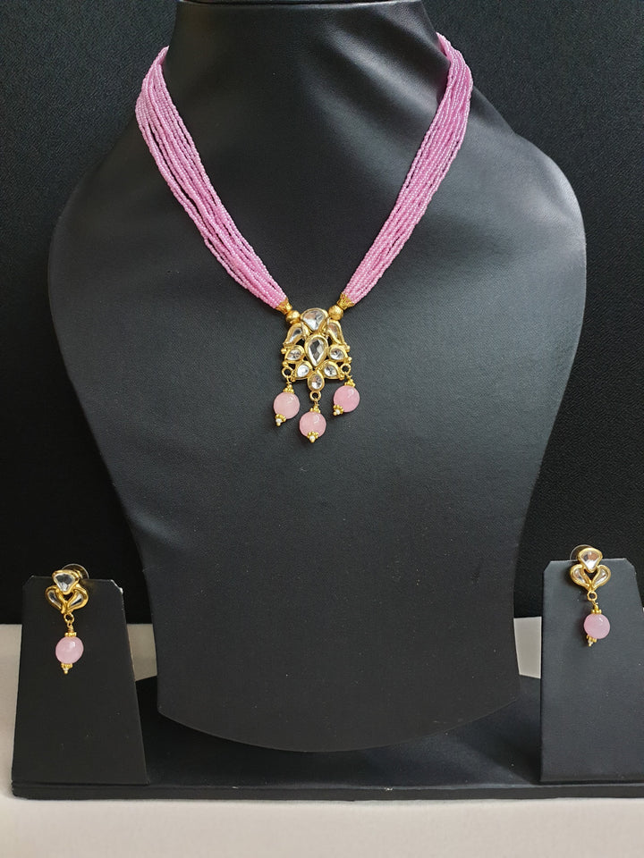 Pink Seed Bead Kundan | Pendant Set With Earrings Luxury Wear