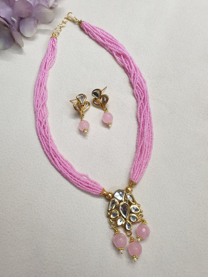 Pink Seed Bead Kundan | Pendant Set With Earrings Luxury Wear
