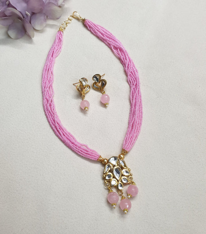 Pink Seed Bead Kundan | Pendant Set With Earrings Luxury Wear