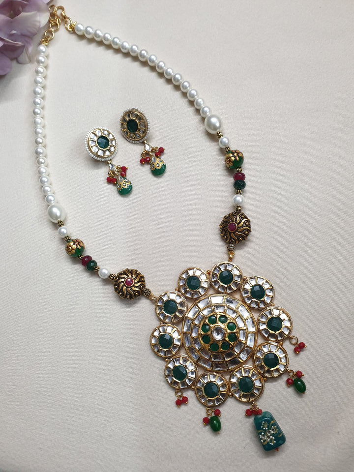 Green Stone Kundan Pearl | Pendant Set With Earrings Luxury Wear