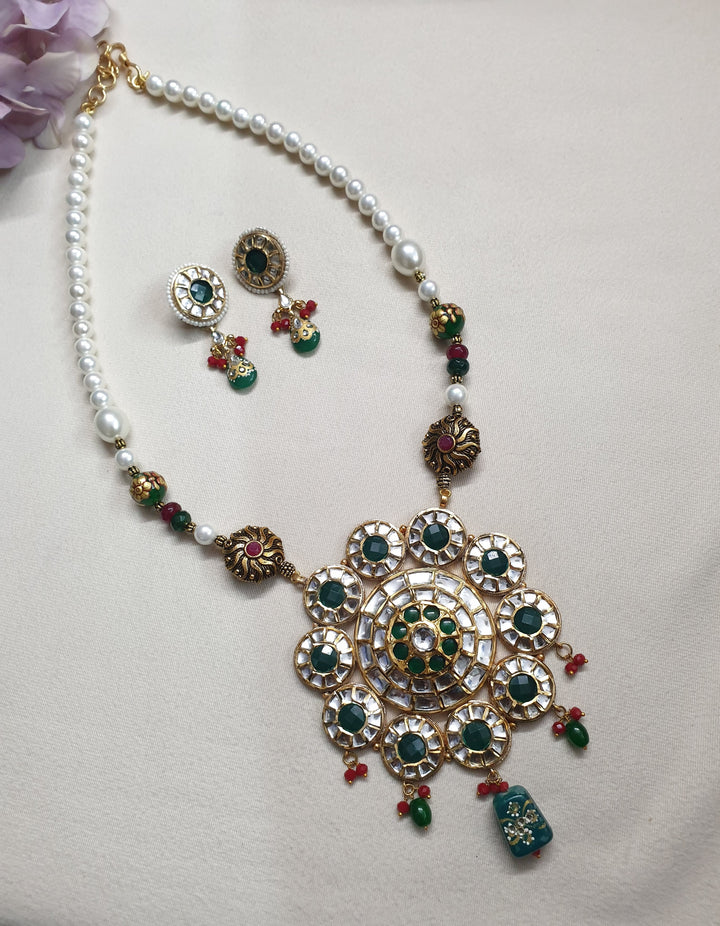 Green Stone Kundan Pearl | Pendant Set With Earrings Luxury Wear