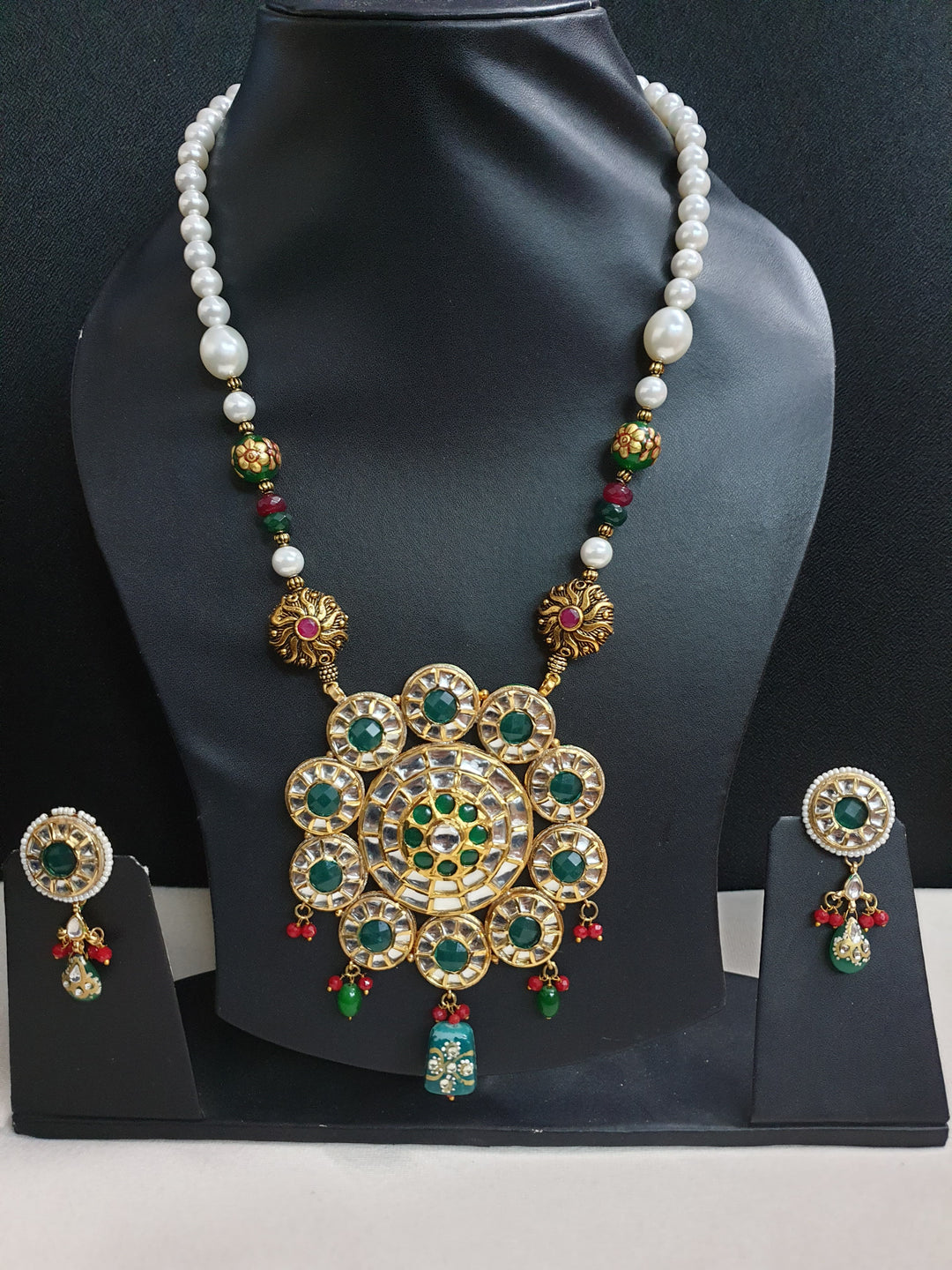 Green Stone Kundan Pearl | Pendant Set With Earrings Luxury Wear