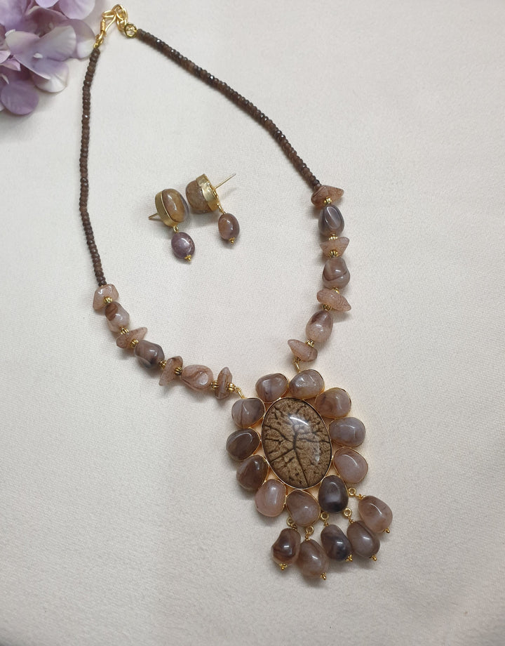 Brown Stone Fusion | Pendant Set With Earrings Style Statement