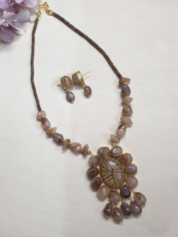 Brown Stone Fusion | Pendant Set With Earrings Style Statement