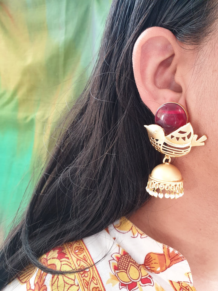 Red Stone Bird | Gold Matte Jhumki Earrings Luxury Wear
