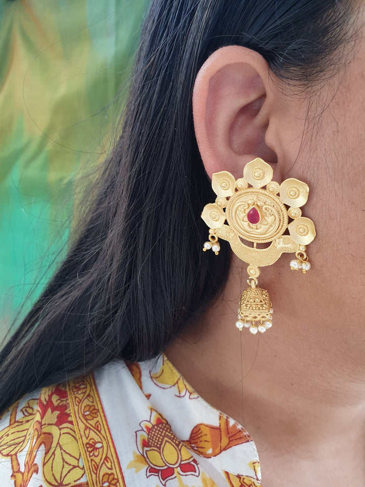 Red Stone Gold | Matte Jhumki Earrings Signature Design