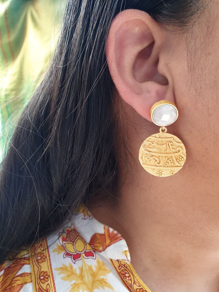 White Stone Gold | Matte Engraved Earrings Luxury Wear