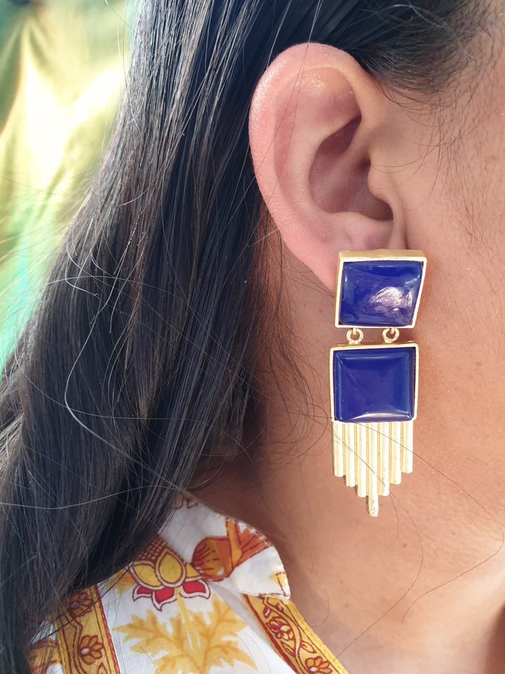Dark Blue Stone | Gold Matte Earrings Collection