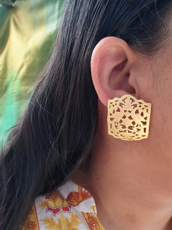Peacock Gold | Matte Stud Earrings Luxury Wear