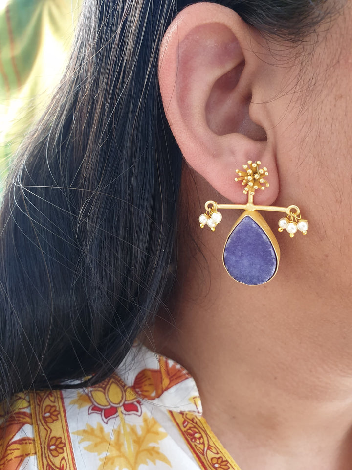Dark Blue Druzy | Stone Matte Gold Earrings Collection