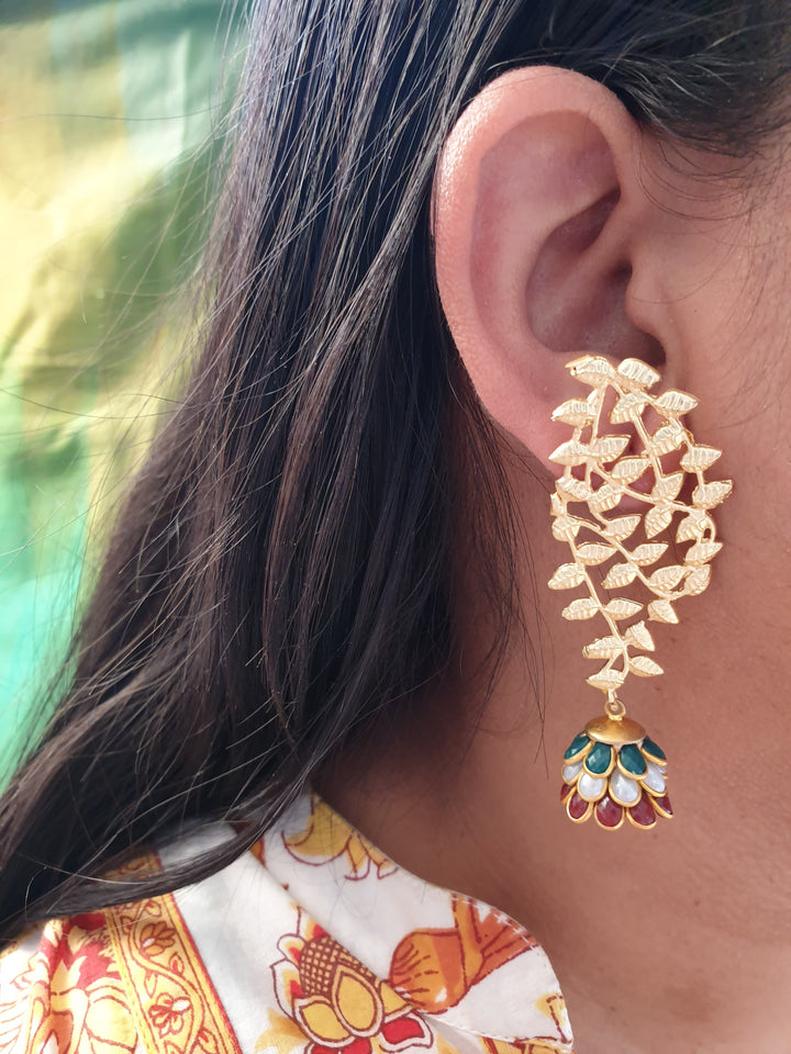 Multicolor Paachi Jhumki | Gold Matte Leaf Earrings Signature Design