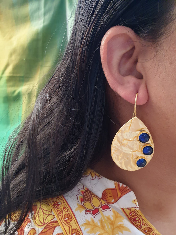 Dark Blue Stone | Drop Matte Gold Earrings Style Statement