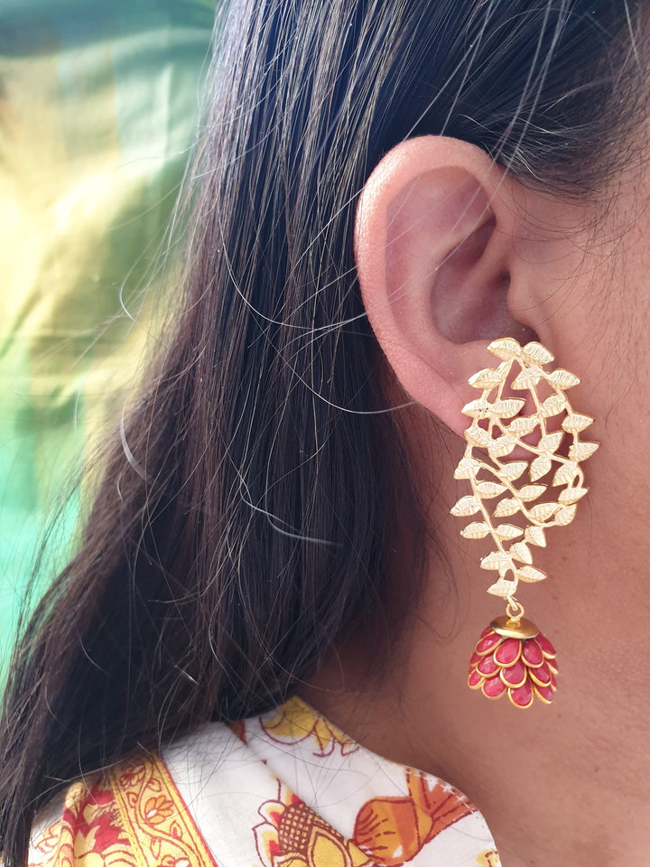 Red Paachi Jhumki | Gold Matte Earrings Style Statement
